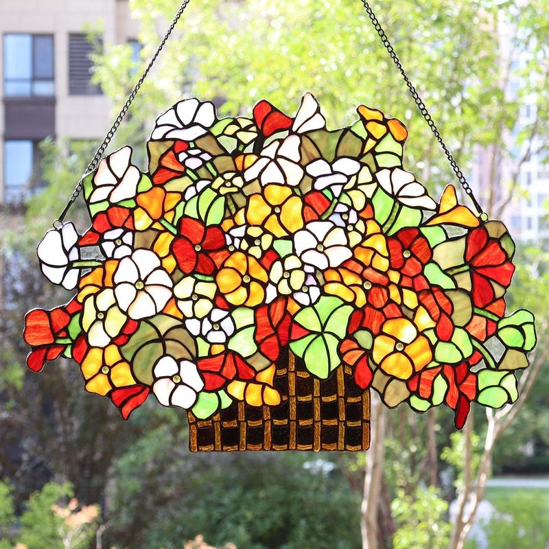 Bieye W10036 Forget-me-nots Flower Myosotis Decorated Basket Tiffany Style Stained Glass Window Panel with Chain, 24" W x 17" H - Image 2